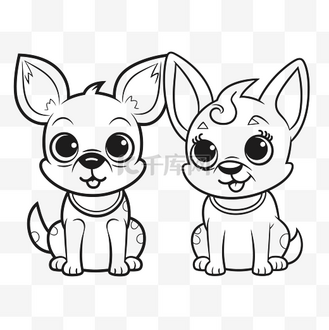 两只小卡通狗在白色背景轮廓素描上着色页 向量