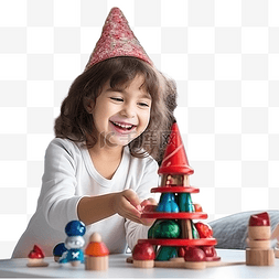 圣诞玩具图片_一个戴着圣诞老人帽子的女孩在家