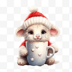 可爱的羊戴着圣诞老人的帽子在杯