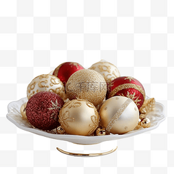 金色圣诞球素材图片_盘子上的红色和金色圣诞球
