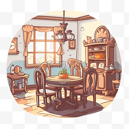 桌子矢量卡通图片_一间带椅子和桌子的旧房间的餐厅