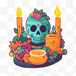头骨和鲜花图片_有鲜花和蜡烛的墨西哥头骨 向量