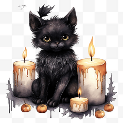 申爪子的猫图片_万圣节套装，蝙蝠黑猫和蜡烛水彩