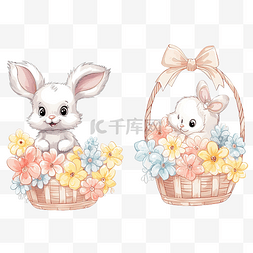 复活节贺卡图片_复活节篮子里的一只小兔子和小鸡