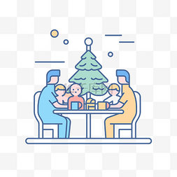 家庭在圣诞树图标前用餐 向量