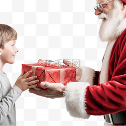 特写圣诞老人的手给一个男孩放下