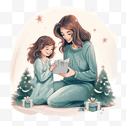 一个穿毛衣的女孩坐在圣诞树的床