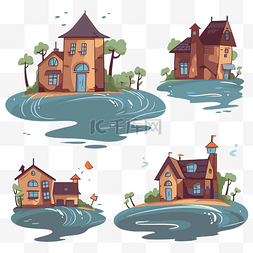 洪水剪贴画 水中岛上的四个卡通