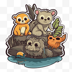 三只可爱的动物坐在池塘里 向量
