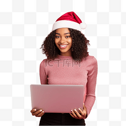 派對帽图片_美丽的黑人女孩，戴着笔记本电脑