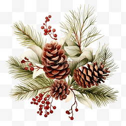 新年元素树图片_圣诞花卉小插图与冷杉树球果和树