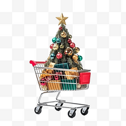 超市商城商店图片_超市购物车里有装饰品的圣诞树