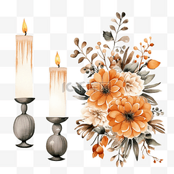 时尚水彩花图片_一套带有蜡烛和秋花的水彩时尚作