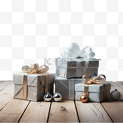 木质表面的礼品盒和圣诞装饰品