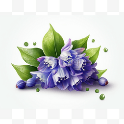 带水滴的蓝色紫色花朵和绿叶小花