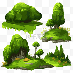 草菜图片_苔藓剪贴画四棵卡通树和其他绿色