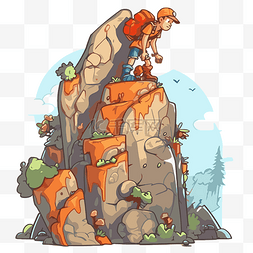 攀爬剪贴画卡通人物站在岩石顶上