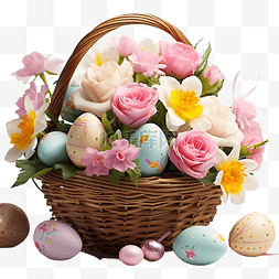 鲜花彩蛋图片_装有复活节彩蛋和鲜花的篮子