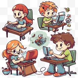 玩游戏剪贴画，由幼儿在书桌和电