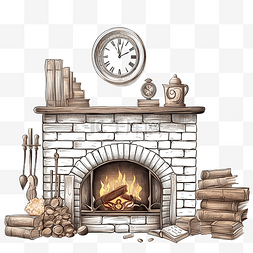卡通老钟图片_老壁炉与燃烧的木柴
