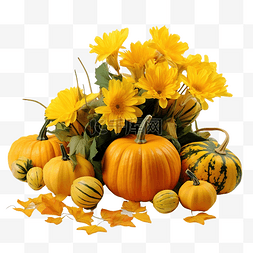 秋季静物与南瓜和黄色花朵概念感