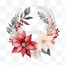 手绘松果图片_圣诞花环花卉组合物与一品红松圣