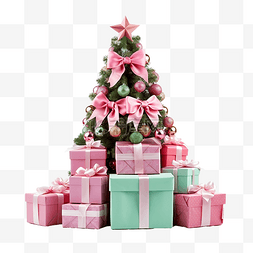 粉色的大树图片_一棵圣诞树，下面有粉色和绿色的