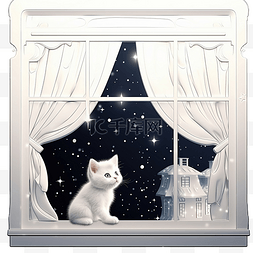 好奇的小猫坐在窗台上，透过窗户