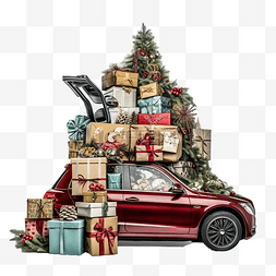 礼品盒和圣诞节在汽车后备箱里