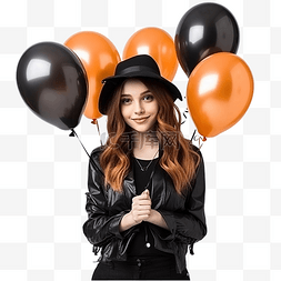庆祝成功图片_年轻女巫拿着黑色和橙色气球参加