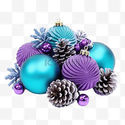 雪中??美丽的蓝色和紫色圣诞球和