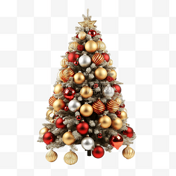 白雪皑皑的圣诞树，装饰着金色和