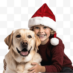 抱着狗的女孩图片_一个戴着圣诞老人帽子的热情男孩