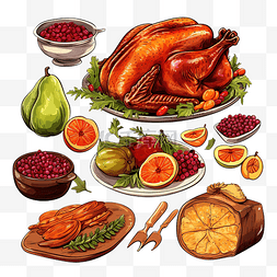 手绘矢量枫叶图片_美丽的矢量手绘插画感恩节食物