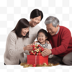装饰圣诞树的多代亚洲家庭
