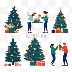 礼物盒圣诞矢量图图片_圣诞节庆祝人们装饰圣诞树并赠送