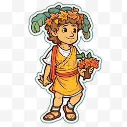 男孩拿着绿叶植物和花朵，头上戴