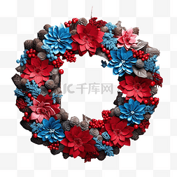 悬挂的装饰图片_木墙上蓝色和红色风格的圣诞花环