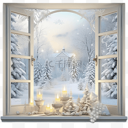 窗插画图片_窗外有森林的圣诞景观