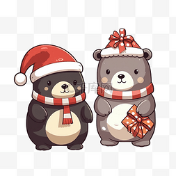 卡通可爱圣诞熊和企鹅装饰矢量图