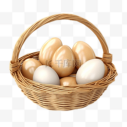 3d 新鲜鸡蛋在柳条篮中隔离 3d 渲