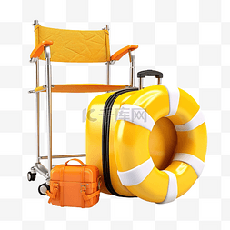 海边凉爽图片_夏季旅行，带黄色手提箱伞救生圈