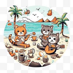 一群猫在海滩上做活动插画