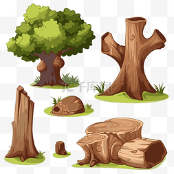 木剪贴画卡通树桩和原木隔离在白