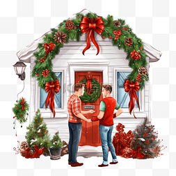 房子上挂的图片_lgbt 夫妇在门上挂圣诞花环，家人