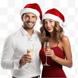 戴着圣诞帽的美丽人们用香槟庆祝
