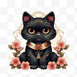 日本招财猫元素图片_仿古风格日式招财猫黑猫插画