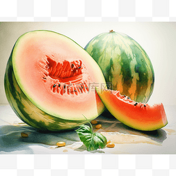 水彩甜瓜图片_绘画展示了西瓜和新鲜罗勒