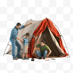 父子搭帐篷 3D 人物插画