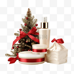 红丝带产品图片_保湿霜罐和血清瓶和红丝带圣诞树